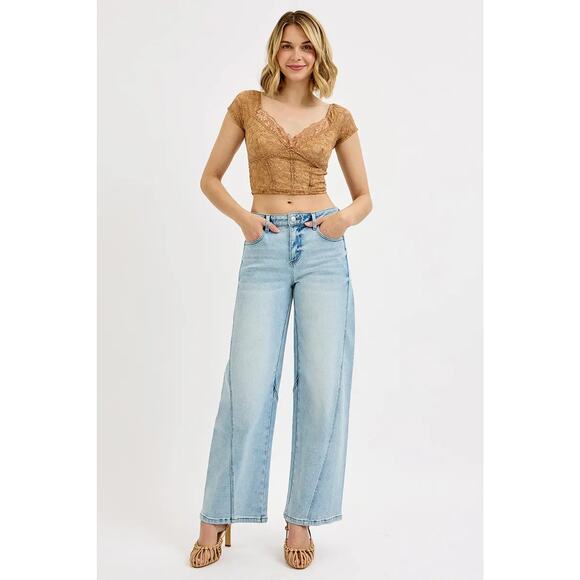 RISEN Mid Rise Waist Zipper Fly Stretch Light Blue Wash Barrel Leg Denim Jeans - Picture 7 of 7